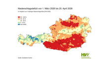 Niederschlagsdefizit von 1. März bis 20. April 2026. Bild: GeoSphere Austria.