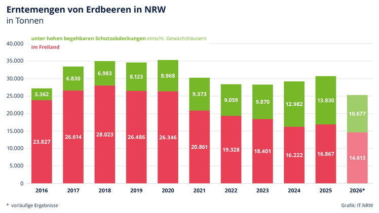 NRW-Erdbeererntemenge in Tonnen. Grafik: IT.NRW.