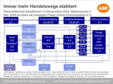 Warenströme bei Zierpflanzen in Deutschland 2022. Immer mehr Handelswege etabliert. Grafik: AMI.