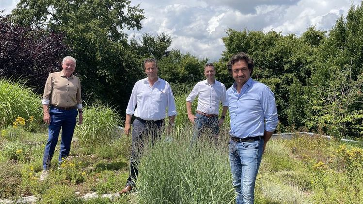 Reiner Bierig (GF VGL BW), Minister Peter Hauk, Marco Riley (GF DEULA) und Martin Joos (Vorstandsvorsitzender VGL BW) beim Gespräch über die Fort- und Weitebildung im GaLaBau. Bild: VGL BW.