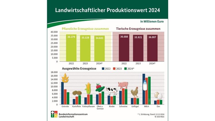Landwirtschaftlicher Produktionswert 2024 leicht rückläufig. Grafik: BLE.