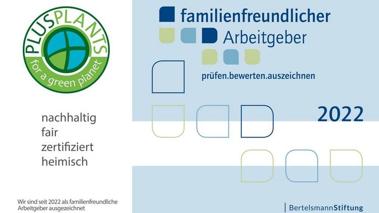 PlusPlants bekommt offiziell das Zertifikat „Familienfreundlicher Arbeitgeber" der Bertelsmann-Stiftung verliehen. Bild: PlusPlants.