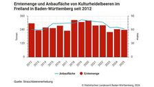 Erntemenge und Anbaufläche von Kulturheidelbeeren im Freiland in Baden-Württemberg seit 2012. Grafik: Statistisches Landesamt Baden-Württemberg.