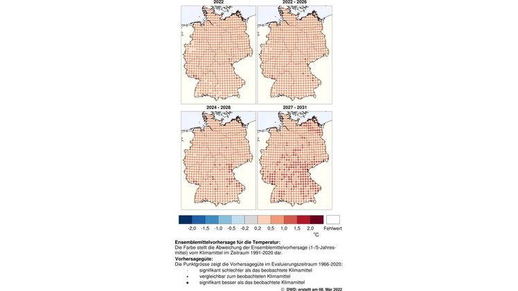 Dekadische Klimavorhersage der Temperatur in Deutschland von 2022 bis 2028. Bild: DWD.