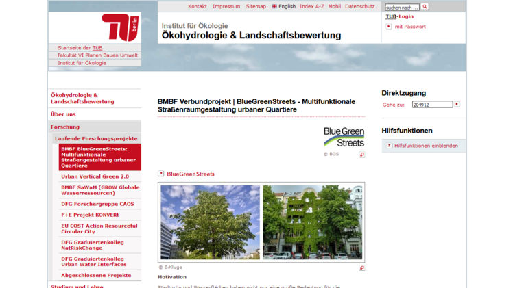 Das "BlueGreenStreets"-Projekt auf der Website der TU Berlin. Screenshot: GABOT.