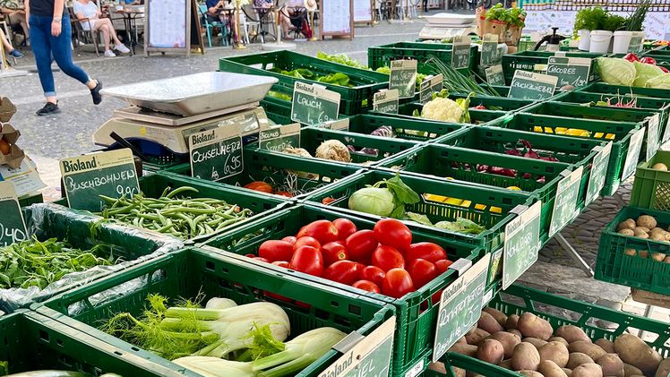 Gemüsestand auf dem Mainzer Wochenmarkt. Bild: © MKUEM.