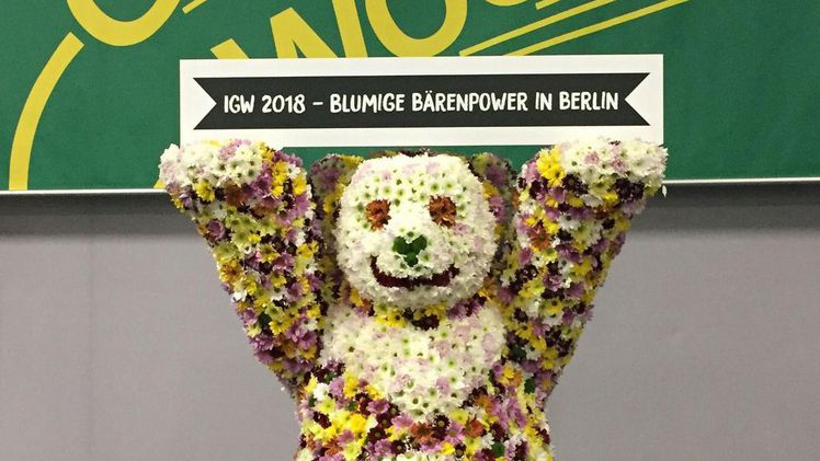 Der Berliner Bär wird zum Vorboten und blumigen Wahrzeichen der neuen Blumenhalle auf der IGW 2018. Bild: Landgard.