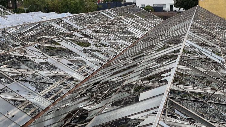 Nach dem Hagel: Ein zerstörtes Gewächshaus mit zerbrochenen Scheiben - die Auswirkungen von Tief Lambert. Bild: Gartenbau-Versicherung.