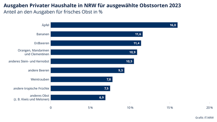 Private Haushalte gaben im Schnitt 20 Euro im Monat für frisches Obst aus. Grafik: IT.NRW.