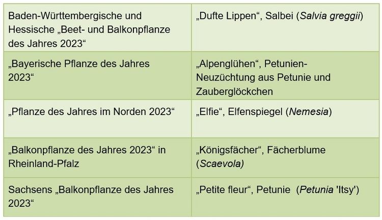 Die "Beet- und Balkonpflanzen des Jahres 2023 in Deutschland" im Überblick. Bild: GMH.