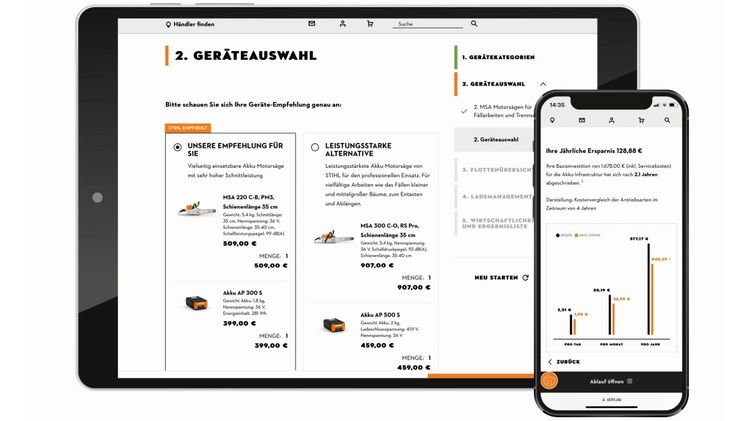 Eine Wirtschaftlichkeitsbetrachtung gibt Auskunft über die Kosten und Rentabilität der zusammengestellten Geräteflotte inklusive Akkus und Ladgeräte im Vergleich zu einem leistungsgleichen Benzinproduktportfolio. Bild: STIHL.