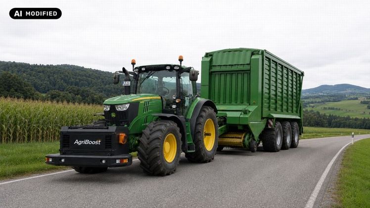 AgriBoost als zentrale Schnittstelle: Die elektrische Einheit verbindet Traktor, Hof und Anbaugeräte und ermöglicht eine flexible Nutzung elektrischer Energie für Antrieb und Arbeitsgeräte. Bild: Universität Hohenheim / Daniel Wolpert (AI modified).
