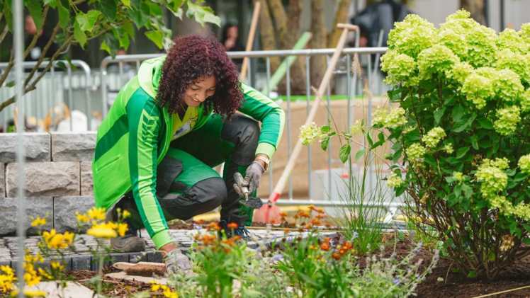 Präzision und Leidenschaft im Einsatz: Eine Teilnehmerin des Landschaftsgärtner Cups auf der GaLaBau 2024 zeigt ihr Können bei der Gestaltung eines vielfältigen Pflanzbereichs. Bild: GaLaBau.