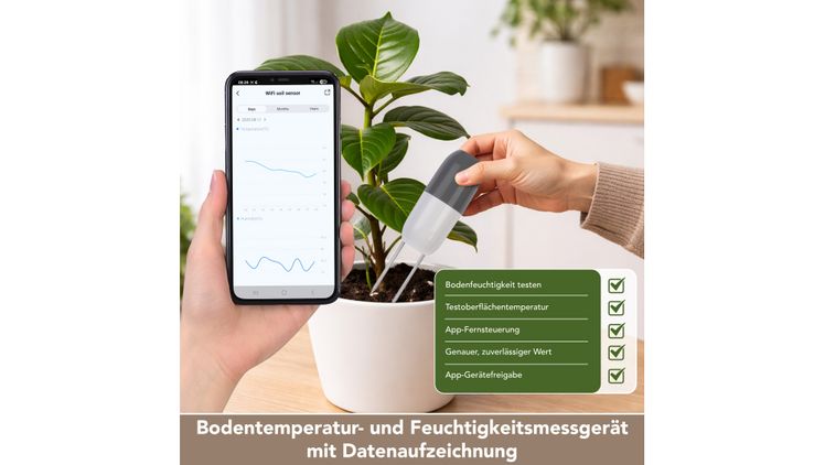 Smarter WLAN-2in1-Bodenfeuchtigkeits- und Temperatursensor. Bild: PEARL GmbH / www.pearl.de.