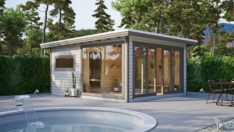 Freier Blick auf Pool und Garten ist ein MUSS – unter dem Motto "fast wie draußen sitzen" verfügen die Poolhäuser auf Wunsch über bodentiefe Fenster – auch über Eck mit Schiebeelementen und eingebauten Senkrechtmarkisen. Bild: Westerhoff. 