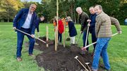Pflanzen eine Hängeweide im Gesundheitspark Speckenbüttel (v.l.): Bürgermeister Andreas Bovenschulte, Ocko Martens (Bund deutscher Baumschulen), Stadträtin Andreas Toense, Ute Rößler (Leiterin Gartenbauamt Bremerhaven), Eugen Witte und Frank Schoppa (Vorstand Einheitsbudeln e.V.) und Hubert Paetz (Wirtschaftsverband Gartenbau Norddeutschland). Foto: Senatspressestelle.