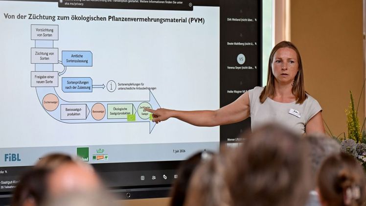 Dr. Freya Schäfer (FiBL) erläuterte die Schritte von der Züchtung bis zum ökologischen Pflanzenvermehrungsmaterial. Foto: Marzena Seidel, FiBL.