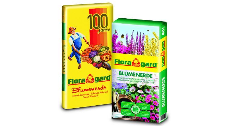 Frische Optik und eine Retro-Aktions-Verpackung: Floragard feiert das 100-jährige Jubiläum mit einer Sortimentsoffen-sive rund um die deutlich verbesserte Blumenerde. Bild: Floragard.