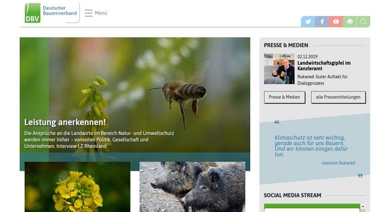 Die neue Webseite des Deutschen Bauernverbandes.
