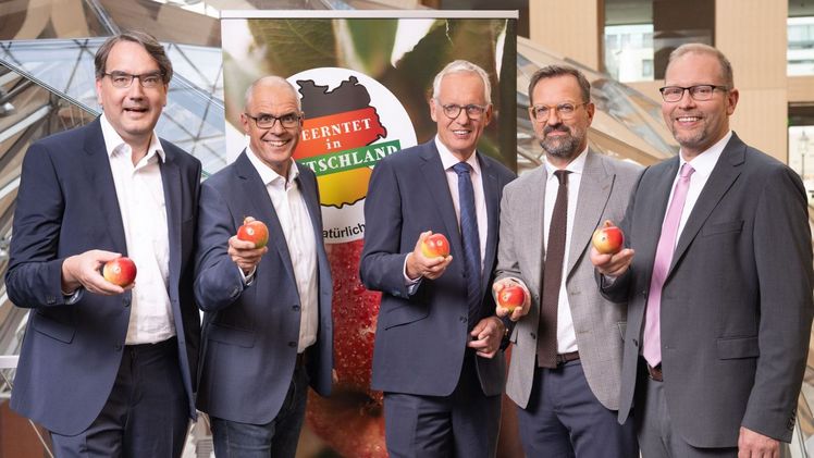 Udo Hemmerling, stellv. Generalsekretär DBV, Joerg Hilbers, Geschäftsführer Fachgruppe Obstbau (BOG), Dr. Henning Ehlers, Hauptgeschäftsführer DRV, Bertram Fleischer, Generalsekretär ZVG, Dr. Christian Weseloh, Geschäftsführer BVEO. Bild: Peter Adamik.