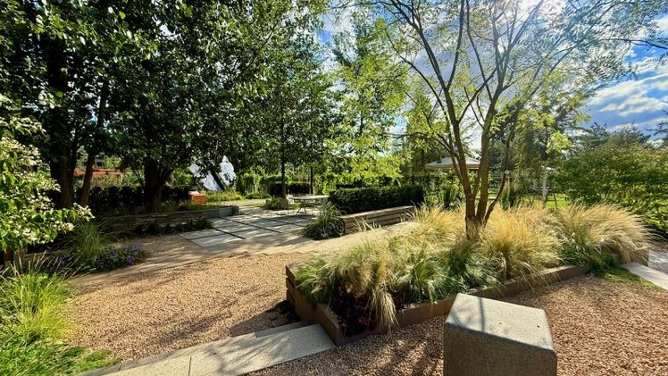 Der Wohlfühlgarten „Auf den Punkt – Natur spüren und genießen“ von Gartenplus – die Gartenarchitekten & Fonken Garten- und Landschaftsbau bettet die bestehenden Bäume perfekt ein. Die LAGA-Besucher danken es und feiern sogar ihre Geburtstage am langen schattigen Tisch im Hintergrund. Bild: LAGA Neuss 2026 GmbH & Katja Feller.