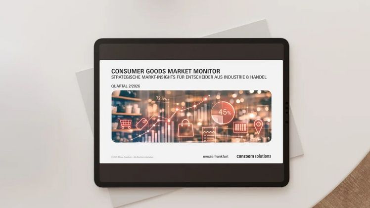 Aktuelle Orderdaten und belastbare Prognosen: Mit dem Consumer Goods Market Monitor liefert Conzoom Solutions, der zentrale Branchenhub der Konsumgütermessen der Messe Frankfurt, eine Grundlage für Markt-, Vertriebs- und Sortimentsentscheidungen. Grafik: Messe Frankfurt.