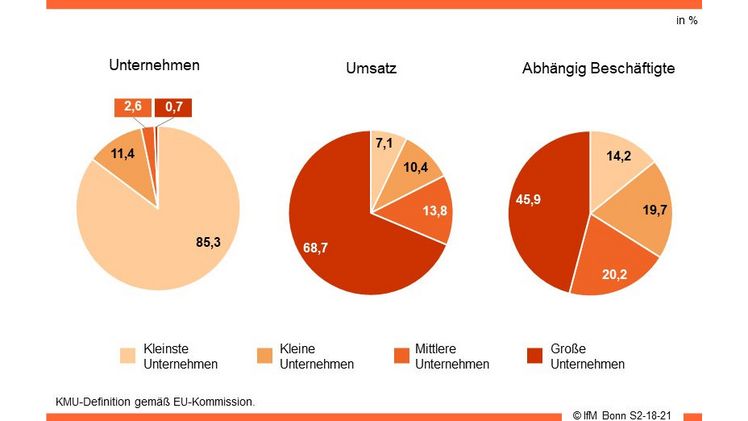 Verteilung nach Unternehmensgrößenklassen, Umsatz und Beschäftigten. Grafik: IfM Bonn.