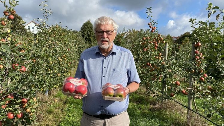 Prof. Dr. Werner Dierend mit den neuen Apfelsorten 'Pompur' auf einem Teil der Versuchsflächen an der Hochschule Osnabrück. Bild: Hochschule Osnabrück. 