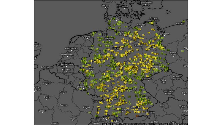 Karte mit Höchsttemperaturen vom 16.2.2024. Bild: Vereinigte Hagel. 