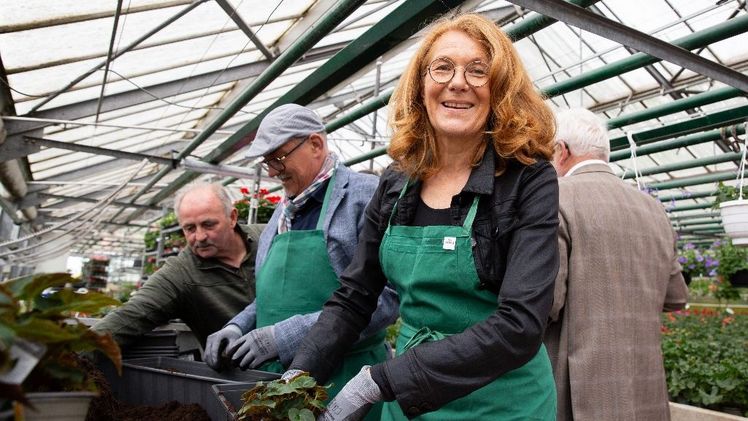 Der erste Balkonkasten mit "Glutzauber" Ministerin Berg und Bürgermeister Trenz bei der Pflanzung unter der Anleitung von Bernd Viardot. Foto: MUKMAV-Stockart.