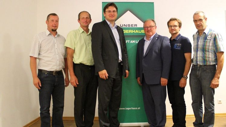 Das neue Führungsteam im Lagerhaus St. Pölten mit Aufsichtsratsvorsitzendem Ferdinand Ebersperger, Obmann-Stv. Josef Maierhofer, Geschäftsführer Harald Hummer, Obmann Franz Gunacker, Obmann-Stv. Josef Kern und Aufsichtsratsvorsitzendem-Stv. Anton Nagl. Bild: © RLH St. Pölten.