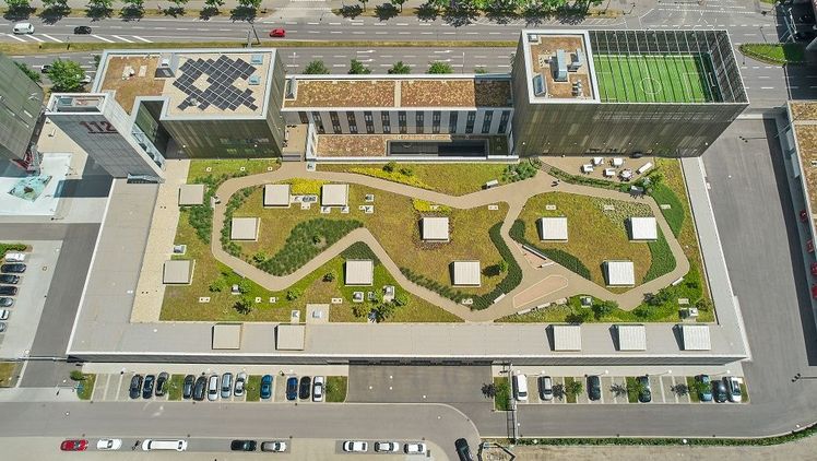 Das BuGG-Gründach des Jahres 2022: Der genutzte Dachgarten der Hauptfeuerwache Karlsruhe. Bild: Bauder.