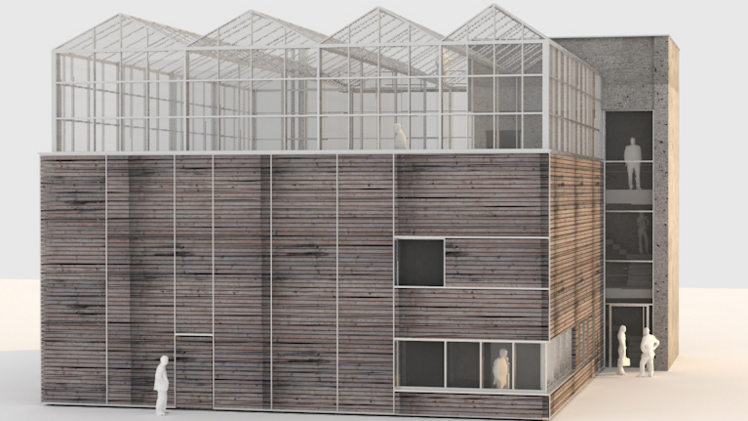 Das neue Forschungszentrum “Agrarsysteme der Zukunft” am Campus Haste soll aus einer Indoorfarm und einem Dachgewächshaus bestehen. Bild: Hüdepohl. Ferner Architektur- und Ingenieurgesellschaft mbH.