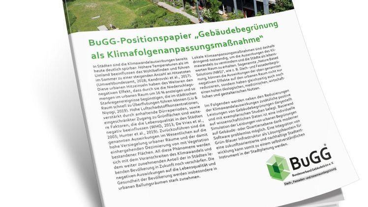Stellungnahme des BuGG: Positionspapier „Gebäudebegrünung als Klimafolgenanpassungsmaßnahme“. Bild: Bundesverband GebäudeGrün.