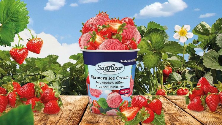 Das neue Eis kommt in den fünf Geschmacksrichtungen Erdbeere, Granatapfel, Haselnuss, Himbeere und Mango und wird ab der zweiten Märzhälte in den österreichischen Supermärkten Billa und Billa Plus erhältlich sein. Bild: SanLucar.