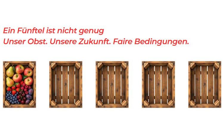 Fünf Obstkisten. Eine ist voll. Vier bleiben leer. Bild: Bundesfachgruppe Obstbau.