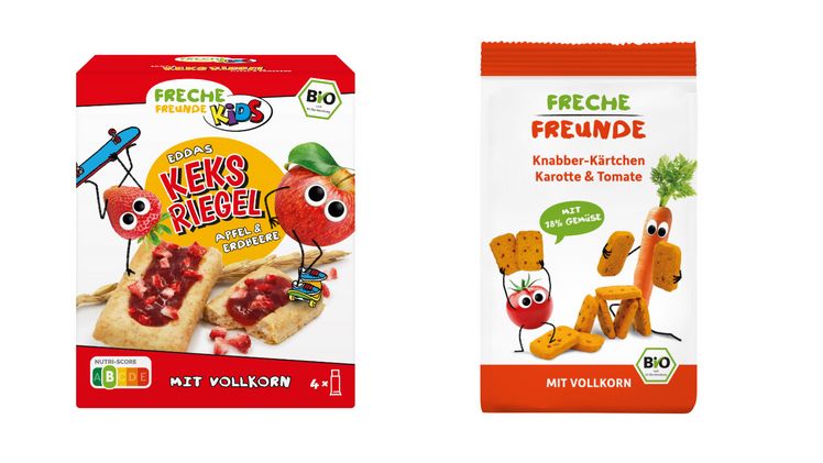 Freche Freunde Kids “Eddas Keks Riegel Apfel & Erdbeere und Freche Freunde “Knabber-Kärtchen Karotte & Tomate. Bild: Freche Freunde.