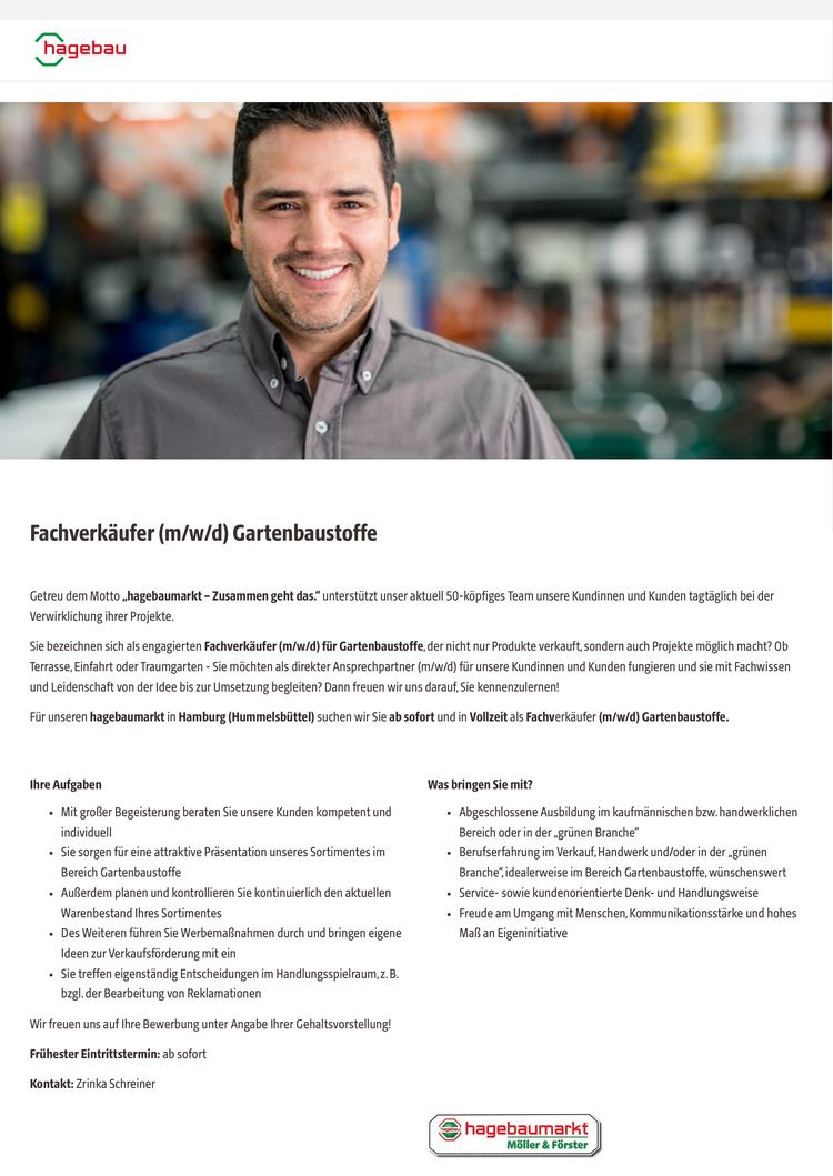 Fachverkäufer (m/w/d) Gartenbaustoffe