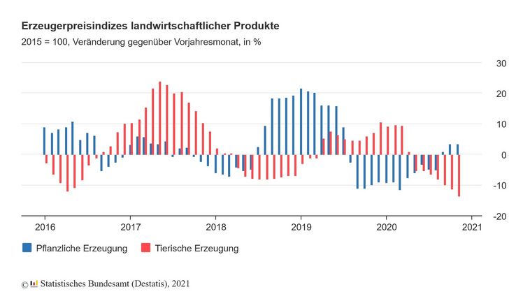 Die Erzeugerpreise landwirtschaftlicher Produkte waren im November 2020 um 7,4% niedriger als im November 2019. Bild: Destatis.