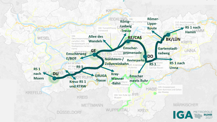 Die Grafik zeigt den IGA-Radweg. Bild: IGA Metropole Ruhr 2027.
