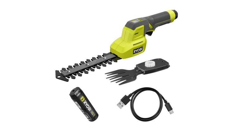 Gras- oder Heckenschnitt? Mit der Ryobi 4 V-Akku-Gras- und Strauchschere RY4CGSA-120 ist immer das passende Werkzeug zur Hand. Bild: Ryobi.