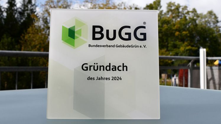 Der BuGG-Award wird in 3 Kategorien verliehen. Auf dem Foto der Preis für das "Gründach des Jahres 2024". Bild: Bundesverband GebäudeGrün.