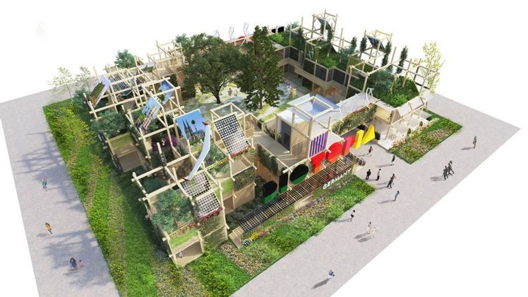 Vogelperspektive auf den Deutschen Garten auf der Floriade Expo 2022. Bild: Deutscher Garten Floriade Expo 2022 / ARGE insglück / gtp2 / studio grüngrau.