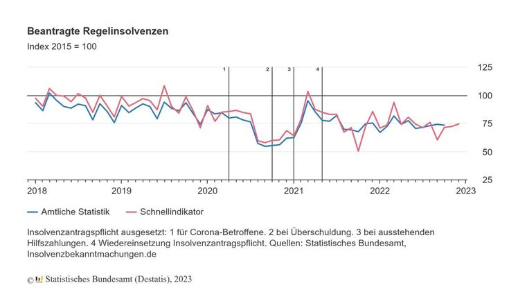 Die vorläufigen monatlichen Angaben zu Regelinsolvenzverfahren, hier für Dezember 2022, basieren auf aktuellen Insolvenzbekanntmachungen aller Amtsgerichte in Deutschland. Grafik: Destatis.
