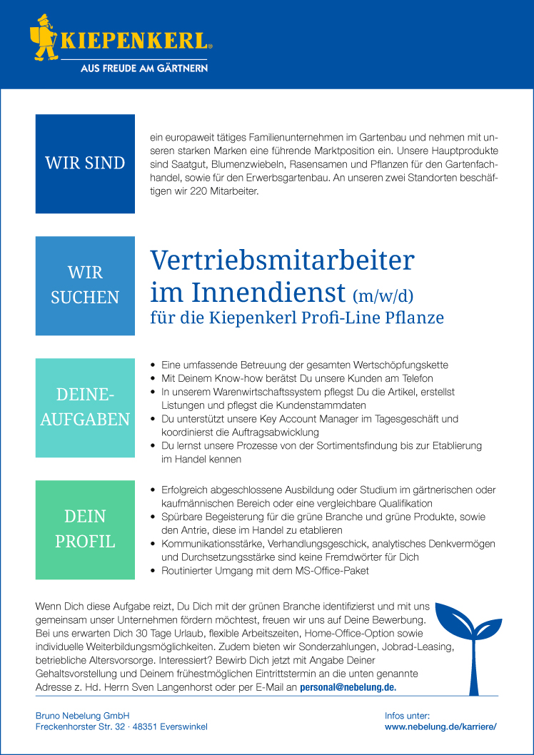 Bruno Nebelung GmbH - Vertriebsmitarbeiter im Innendienst (m/w/d) für die Kiepenkerl Profi-Line Pflanze in Everswinkel