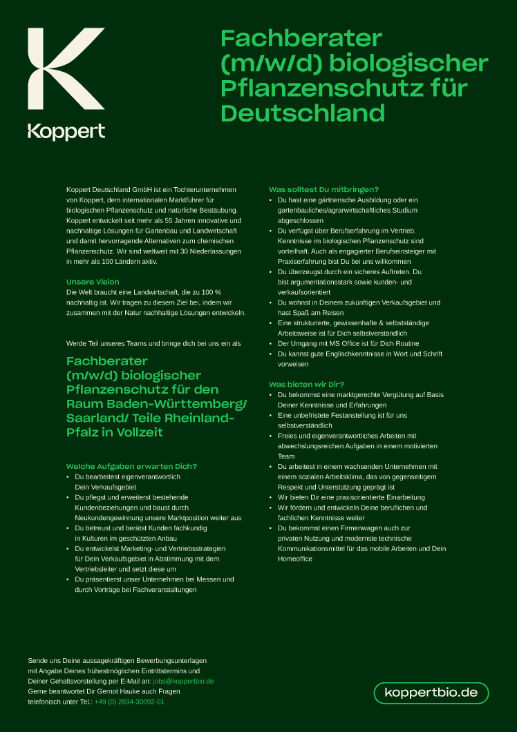 Koppert Deutschland GmbH - Fachberater (m/w/d) biologischer Pflanzensschutz in Baden-Württemberg/Saarland/Teile Rheinland-Pfalz