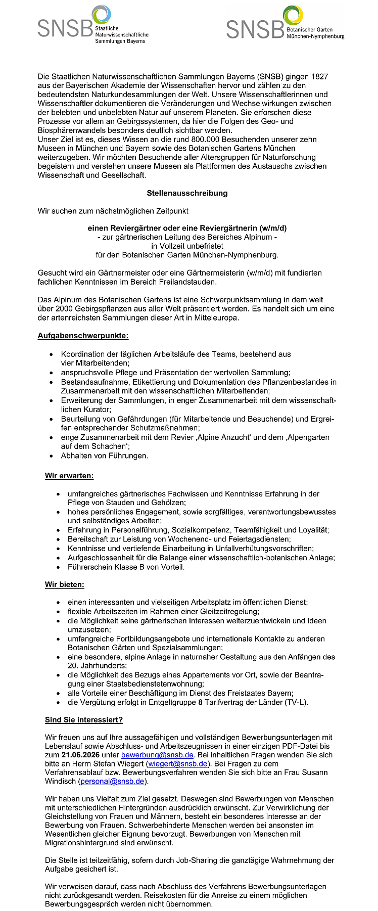 Reviergärtner (w/m/d) zur gärtnerischen Leitung des Bereiches Alpinum
