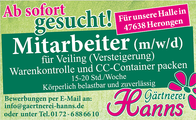 Mitarbeiter (m/w/d) für unsere Logistikhalle in 47638 Herongen 