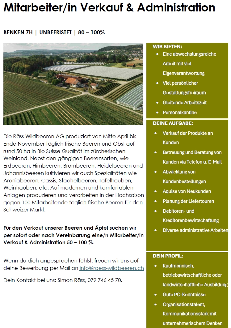 Verkauf & Administration Biobeeren/Bioobst Schweiz