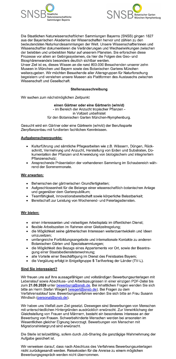 Gärtner (w/m/d) im Bereich der Anzucht tropischer Pflanzen 